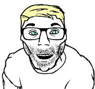 arm blue_eyes buff clothes glasses hair happy open_mouth soyjak stubble variant:el_perro_rabioso yellow_hair // 388x363 // 23.3KB