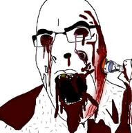 arm blood eyeball glasses gore hairy hand holding_object missing_eye one_eye open_mouth razor shaving soyjak variant:cobson // 798x801 // 238.7KB