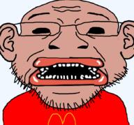 amerimutt brown_skin clothes ear glasses mcdonalds open_mouth red_shirt soyjak stubble variant:coinjak // 896x833 // 84.4KB