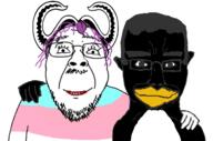 2soyjaks closed_mouth flag friendship glasses gnu hair hand horn linux mustache no_more_brother_wars penguin purple_hair stubble tranny variant:bernd variant:chudjak // 1313x866 // 561.2KB