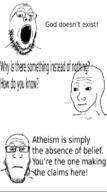 atheism glasses neutral open_mouth religion soyjak stubble text variant:gapejak variant:markiplier_soyjak variant:wojak // 649x1165 // 138.9KB