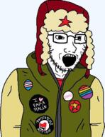 antifa arm badge black_lives_matter clothes communism flag glasses hat i_love joseph_stalin lgbt open_mouth soyjak star stubble tranny ushanka variant:soyak // 332x430 // 187.2KB