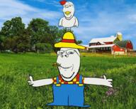 2soyjaks animal animated arm beak chicken chicken_dance clothes dance farm farmer flannel full_body glasses hand hat irl_background leg smile soyjak straw_hat stubble subvariant:wholesome_soyjak variant:gapejak wing // 1000x799 // 1.8MB