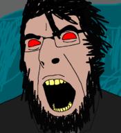 angry beard drawn_background hair meta:tagme open_mouth red_eyes soyjak variant:cobson white_skin yellow_teeth // 721x789 // 18.8KB