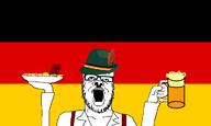 adolf_hitler beer clothes flag:germany food germany glass glasses hat holding_object mustache open_mouth sausage soyjak stubble variant:a24_slowburn_soyjak // 1200x720 // 115.4KB