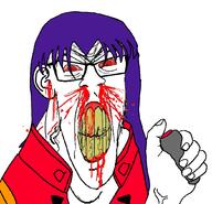 angry anime blood bloodshot_eyes button cartoon clenched_teeth closed_mouth clothes cracked_teeth detonator glasses hair hand holding_object jacket katsuragi_misato long_hair neon_genesis_evangelion nosebleed purple_hair red_eyes soyjak subvariant:feralrage variant:feraljak vein yellow_teeth // 1044x1008 // 353.9KB