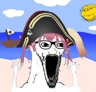 2soyjaks arm beach boat clothes glasses hand hands_up hat hololive marine_houshou open_mouth pink_hair pirate skull smile soyjak stubble subvariant:wewjak subvariant:wholesome_soyjak sun variant:gapejak variant:soyak vtuber yellow_skin // 859x822 // 192.4KB