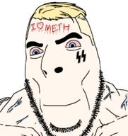 aryan blood bloodshot_eyes blue_eyes buff closed_mouth drugged facial_mark forehead_mark hair i_love meta:duplicate methamphetamine nazism schutzstaffel smile soyjak stubble tattoo text undercut variant:cobson vein white_skin yellow_hair // 726x770 // 52.0KB