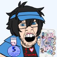 5 angry anime badge blue_eyes clothes gacha gacha_life gachafag game glasses hair hat holding_object holding_phone iphone lgbt life loli luni lunime mustache on phone soyjak stubble transgender_flag variant:feraljak western white_skin years // 1000x1000 // 645.4KB