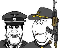 2soyjaks alternate_history are_you_soying_what_im_soying cigarette clothes collar_tabs firearm glasses gun hair hand hat holding_gun holding_object holding_rifle looking_at_each_other military military_cap military_uniform nazism necktie reichsadler rifle schutzstaffel smile soyjak stubble subvariant:wholesome_soyjak totenkopf uniform variant:gapejak variant:markiplier_soyjak weapon // 1282x1026 // 288.6KB