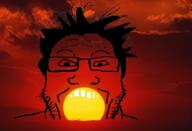 cloud glasses objectsoy open_mouth red_background red_skin sky soyjak stubble sun sunset variant:markiplier_soyjak // 768x522 // 362.1KB