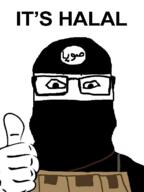 arabic_text balaclava clothes glasses hand hat isis islam its_over mask sawiana soy soyjak text thumbs_up variant:markiplier_soyjak // 600x800 // 99.7KB