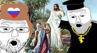 2soyjaks arm beard christianity clothes cross glasses graduate_cap hat jesus open_mouth pointing religion robe russia soyjak stubble ushanka variant:two_pointing_soyjaks // 1022x562 // 778.9KB