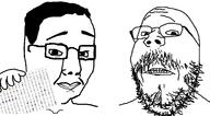 2soyjaks folder glasses hair hand holding_object mustache neutral scared soyjak stubble variant:chudjak variant:gapejak // 1377x761 // 355.3KB