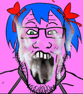 4chan blue_hair bowtie bury_pink_gril cum female glasses green_eyes hair nsfw open_mouth pink pink_background pink_skin s4s_(4chan) soyjak stubble variant:markiplier_soyjak // 640x733 // 462.1KB