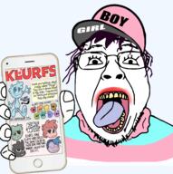 cap cartoon clothes eyelashes glasses hat holding_object holding_phone iphone klurfs open_mouth phone pronouns scarf shmorky soyjak tongue tranny variant:bernd // 6141x6173 // 7.6MB