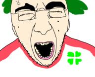 4chan anger_mark anime clothes ear glasses green_hair hair open_mouth soyjak stubble variant:cajak white_skin yotsoyba // 605x491 // 92.9KB