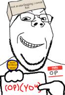 (you) award badge closed_mouth clothes dreamworks fact glasses hand hat holding_object op serious_hat smirk smug soyjak stubble subvariant:wholesome_soyjak variant:gapejak // 775x1127 // 94.2KB