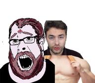 ahegao brown_hair country ear fat flag glasses grey_eyes hair open_mouth paul_joseph_watson sex soyjak tattoo united_kingdom variant:cobson vaush white_skin // 1407x1227 // 559.2KB