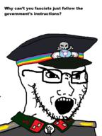 angry black_lives_matter communism counter-signal_meme epaulettes fascism globohomo government hammer_and_sickle military_cap military_uniform progress_pride_flag raised_fist_(symbol) skull tranny vaccine variant:soyak // 770x1028 // 39.2KB