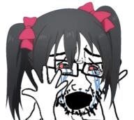 anime bloodshot_eyes bowtie crying glasses hair hand hands_up love_live open_mouth soyjak stubble variant:cryboy_soyjak yazawa_nico // 555x495 // 244.8KB