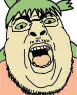 4chan anime clothes fat glasses green_hair hair open_mouth soyjak stubble tongue variant:chugsjak white_skin yotsoyba // 1124x1374 // 521.1KB