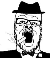 bowtie cigarette clothes fedora glasses hat open_mouth smoking soyjak stubble tuxedo variant:a24_slowburn_soyjak // 454x520 // 14.1KB