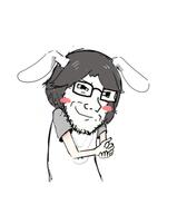 4chan animal_ears arm blush closed_mouth clothes ear glasses hair hand hiroyuki judaism rabbit rabbit_ears rubbing smile smug soyjak stubble tshirt variant:soyak // 483x582 // 97.1KB