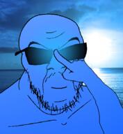 arm blue_skin calm closed_mouth glasses hand irl_background mustache sky smile smug soyjak stubble sunglasses variant:feraljak // 496x538 // 213.7KB