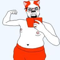 animal arm cat fat glasses hand holding_object holding_phone marsey mustache nipple open_mouth phone rdrama soyjak stubble variant:feraljak // 750x751 // 135.7KB