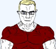 arm blue_eyes buff closed_mouth clothes ear glasses hair soyjak subvariant:chudjak_front subvariant:muscular_chud tshirt variant:chudjak vein yellow_hair // 1059x929 // 45.3KB