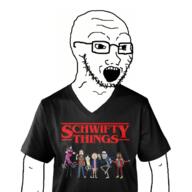 animated arm clothes glasses open_mouth rick_and_morty shaking soyjak stranger_things stubble text tshirt variant:soyak // 680x680 // 225.0KB