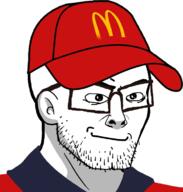 cap closed_mouth clothes ear glasses hat logo mcdonalds smile soyjak stubble uniform variant:nujak // 723x757 // 229.4KB