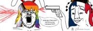 2soyjaks académie_française animal_ears anime arm blood chud closed_mouth clothes firearm flag flag:france flag:progress_pride_flag_intersex france french_text gay gun hair hat holding_gun holding_object holding_pistol junko lgbt logo open_mouth pistol progress_pride_flag rabbit_ears reisen_inaba shooting smug soyjak speech_bubble stubble text touhou variant:a24_slowburn_soyjak variant:chudjak video_game weapon // 2034x688 // 183.0KB