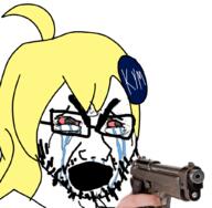 bloodshot_eyes crying female firearm glasses gun hair holding_gun holding_object holding_pistol knowyourmeme open_mouth pistol soyjak stubble thick_eyebrows variant:cryboy_soyjak yellow_hair // 1024x1000 // 430.8KB