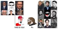 2soyjaks antifa arm beard bloodshot_eyes brown_hair chad che_guevara closed_mouth clothes communism crying ear fidel_castro glasses gun hair hand hat holding_object john_oliver joseph_stalin maga mustache open_mouth pointing soldier soyjak star stephen_colbert stubble subvariant:chudjak_front swastika tshirt uniform variant:chudjak vaush // 1820x910 // 464.0KB