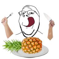 eating food fork fruit glasses holding_knife holding_object irl knife licking_lips pineapple plate smile soyjak stock_image stubble subvariant:wholesome_soyjak tongue variant:gapejak watermark white_skin // 1000x1000 // 521.3KB