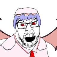 angry anime blue_hair bowtie clothes female glasses hair hat mustache open_mouth remilia_scarlet soyjak stubble touhou variant:feraljak video_game wing // 800x800 // 24.2KB