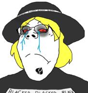 bbc blacked clothes crying eyelashes femjak glasses hair hat mudshark queen_of_spades sad soyjak subvariant:gapejak_female tattoo text variant:gapejak yellow_hair // 940x992 // 138.4KB