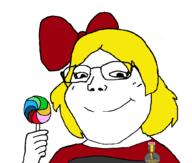 badge bowtie closed_mouth clothes female food glasses holding_lollipop holding_object lollipop nate smile soyjak subvariant:soylita variant:gapejak yellow_hair // 1012x861 // 28.8KB