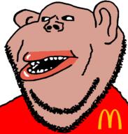 amerimutt black_sclera brown_skin clothes ear lips mcdonalds mutt open_mouth red_shirt soyjak stubble subvariant:impish_amerimutt united_states variant:impish_soyak_ears // 598x628 // 19.0KB