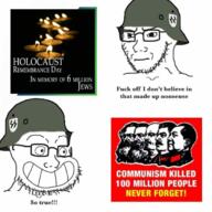 beard clothes combat_helmet communism concerned frown glasses grin helmet holocaust joseph_stalin karl_marx lenin mao_zedong military mustache nazism politics schutzstaffel smile so_true soyjak soyjak_comic stubble variant:soyak // 680x679 // 385.6KB