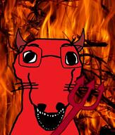 animal demon dog fire fork glasses hell open_mouth red_skin soyjak variant:dogjak // 684x806 // 133.6KB