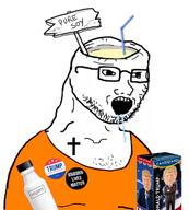 badge bottle brainlet christianity cross donald_trump drinking_straw drool glasses open_mouth soy soyjak soylent stubble tattoo text variant:soyak // 1080x1201 // 365.9KB