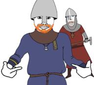 2soyjaks arm beard blue_eyes brown_hair clothes cross hand helmet medieval mustache nasal_helmet orange_hair pointing soyjak subvariant:chudjak_front variant:chudjak variant:cobson viking // 618x559 // 124.5KB