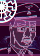 animated chromatic_aberration chud closed_mouth clothes collar_tabs collared_shirt distorted eagle epaulettes fascism fashwave glasses hat military military_uniform nazism purple reichsadler schutzstaffel sonnenrad soyjak swastika totenkopf uniform variant:chudjak // 457x640 // 2.8MB