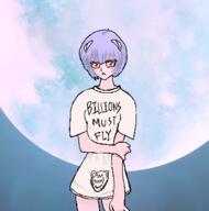 anime ayanami_rei blue_hair closed_mouth clothes ear female glasses millions_must_die moon neon_genesis_evangelion red_eyes redraw smile soyjak stubble text tshirt variant:impish_soyak_ears // 354x358 // 162.1KB