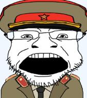 clothes collar_tabs communism ear epaulettes glasses hair hammer_and_sickle hat military military_uniform necktie open_mouth soviet_army_uniform soviet_union soyjak stubble uniform variant:coinjak // 896x1019 // 143.0KB