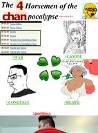 2soyjaks 4chan animal anime barneyfag bloodshot_eyes clothes crying dog ear glasses greentext hair hand janny nikocado_avocado open_mouth smile smug soyjak sticky stubble text variant:chudjak variant:soyak yellow_skin // 830x1122 // 485.8KB