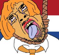 cartoon clothes country crying dutch flag glasses hair hanging mustache mymy necktie netherlands ongezellig open_mouth orange_hair orange_skin rope soyjak stubble suicide tranny variant:bernd // 768x719 // 316.1KB